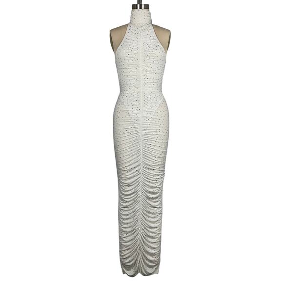 Alex Perry Crystal White Nylon Turtleneck Ruched Column Dress Size UK 8/US 4 NWT - Picture 2 of 7